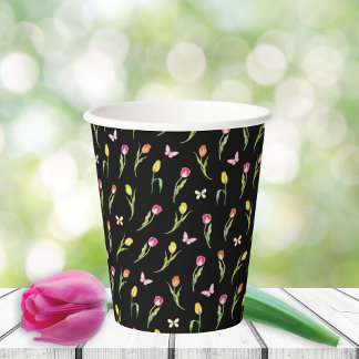 Gobelets En Papier Tulipes et papillons Motif noir