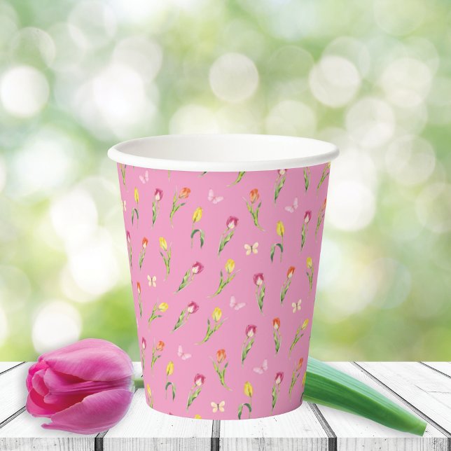 Gobelets En Papier Tulipes et papillons Motif rose (Créateur téléchargé)