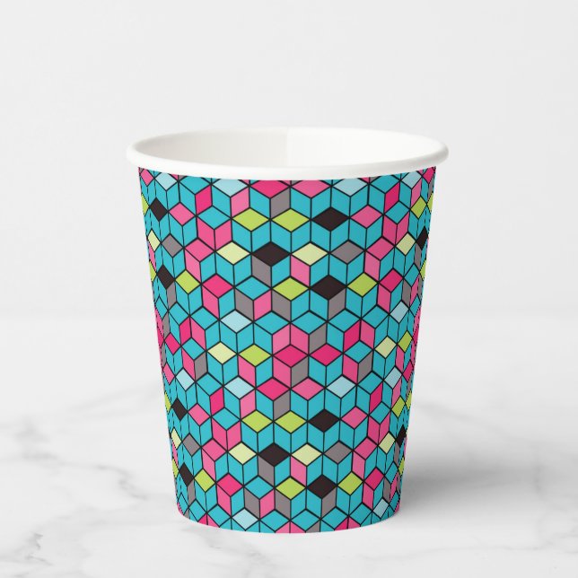 Gobelets En Papier Turqouise et Motif de cubes roses (Gauche)