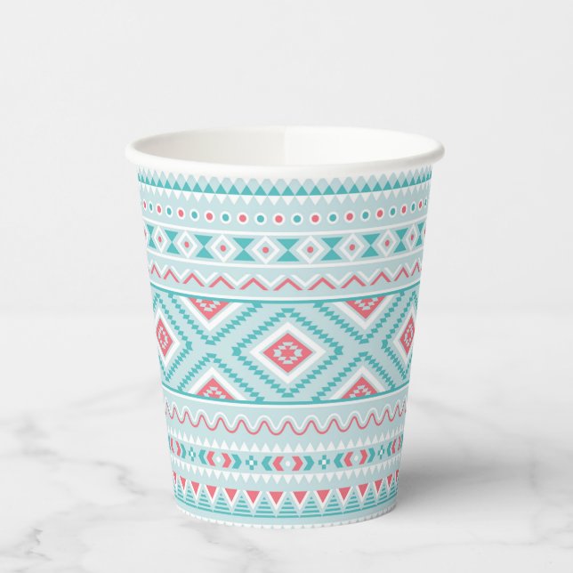 Gobelets En Papier Turquoise et Motif tribal aztèque rose (Gauche)