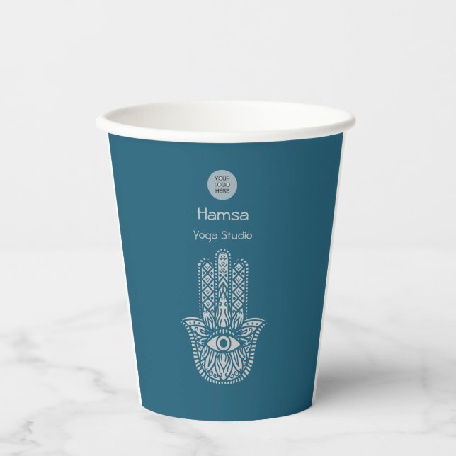 Gobelets En Papier Turquoise Green Yoga Studio Hamsa personnalisable (Recto)