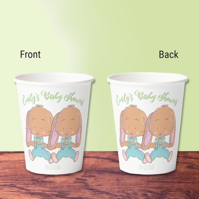 Gobelets En Papier Twin Bunnies Baby shower de printemps Coupe de pap (Twin bunnies baby shower paper cups .)