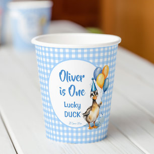 Gobelets En Papier Un canard chanceux bleu en vichy anniversaire impr