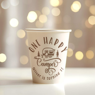 Gobelets En Papier Un Happy Camper brun minimaliste 1er anniversaire