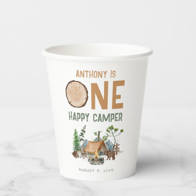 Gobelets En Papier Un heureux Camper aquarelle Woodland 1er anniversa (Recto)
