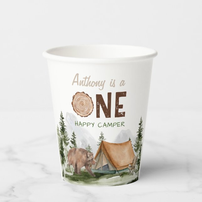 Gobelets En Papier Un Joyeux Camper Mountain Forest Bear 1er annivers (Recto)