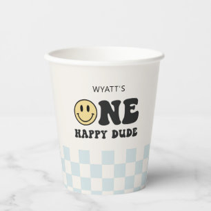 Gobelets En Papier Un joyeux Mec Sourire Visage premier anniversaire