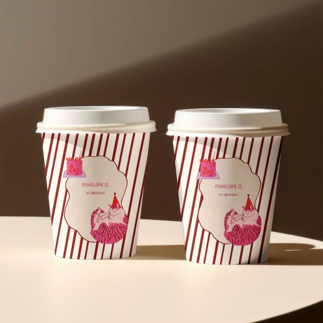 Gobelets En Papier Un joyeux petit chat rose pour son 1er anniversair (Créateur téléchargé)