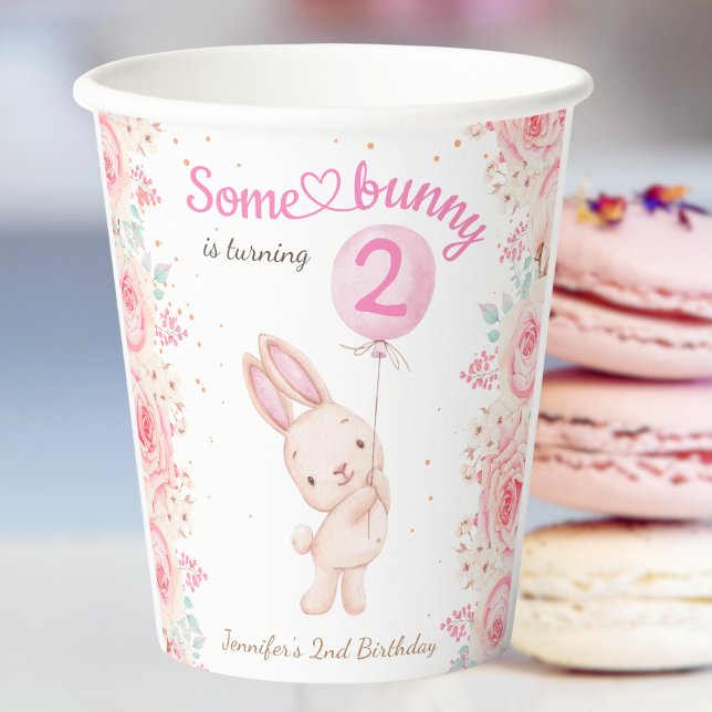 Gobelets En Papier Un lapin est DEUX ! Girl Pink 2e anniversaire (Créateur téléchargé)