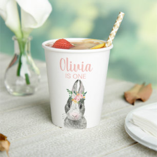 Gobelets En Papier Un lapin rose En vichy Floral Premier Anniversaire