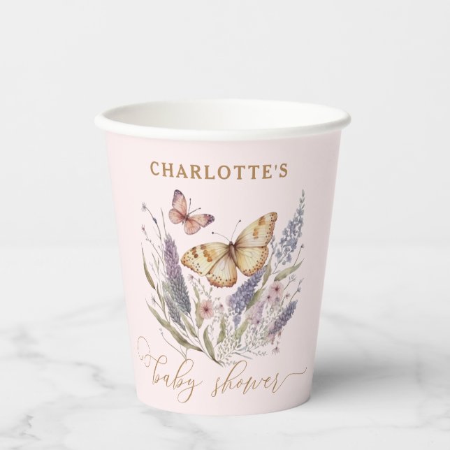 Gobelets En Papier Un Petit Papillon Est En Chemin De Baby shower (Recto)