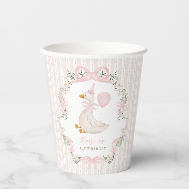 Gobelets En Papier Un sot oie rose Bow Floral 1er anniversaire (Recto)