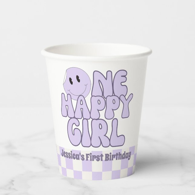 Gobelets En Papier Une fille heureuse premier anniversaire rose (Recto)