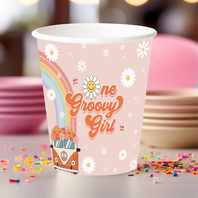 Gobelets En Papier Une fille Super Retro Arc-en-ciel 1er anniversaire (Créateur téléchargé)