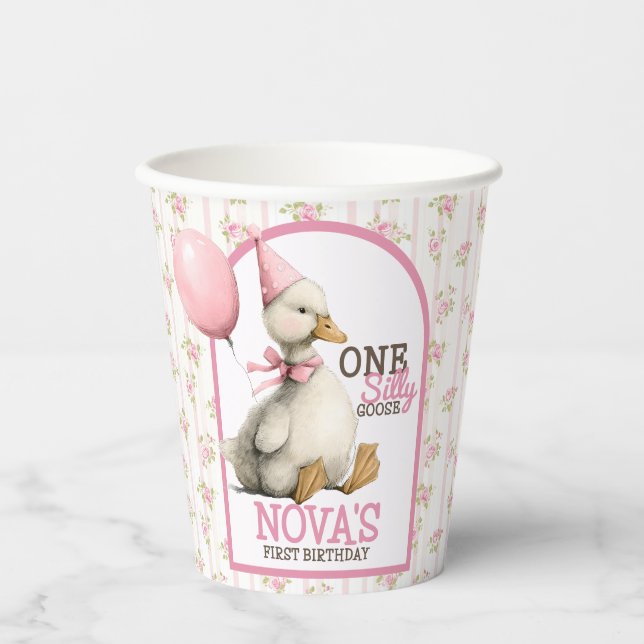 Gobelets En Papier Une oie sotte personnalisée rose 1er anniversaire (Recto)