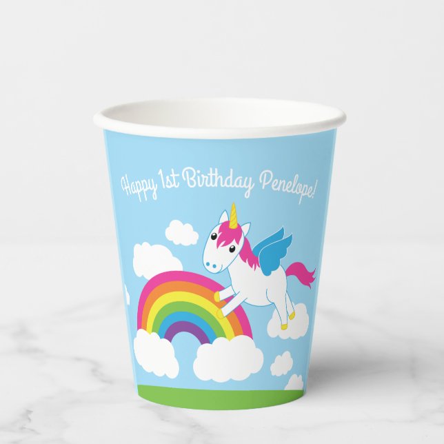 Gobelets En Papier Unicorns & Rainbows mignons 1er anniversaire fêtes (Recto)