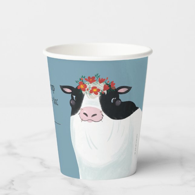 Gobelets En Papier Vache laitière et couronne de fleurs rouges (Verso)