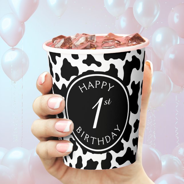 Gobelets En Papier Vache noire et blanche Imprimer Cowboy Premier ann (cow print first birthday party paper cup)