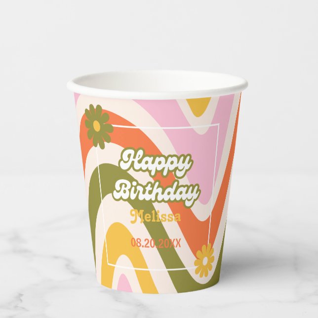 Gobelets En Papier Vague rétro Super Fleur verte 40e anniversaire (Recto)
