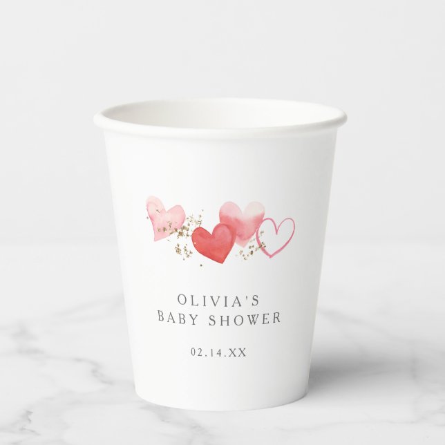 Gobelets En Papier Valentine Aquarelle Coeurs Baby shower fille (Recto)