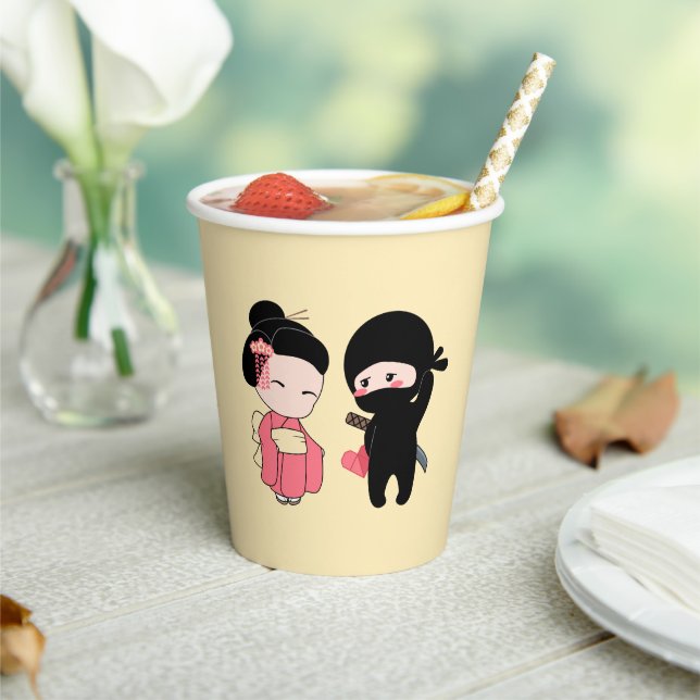 Gobelets En Papier Valentine Ninja et Geisha sur Yellow (Insitu)