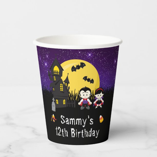 Gobelets En Papier Vampires de fête d'anniversaire d'Halloween violet (Recto)