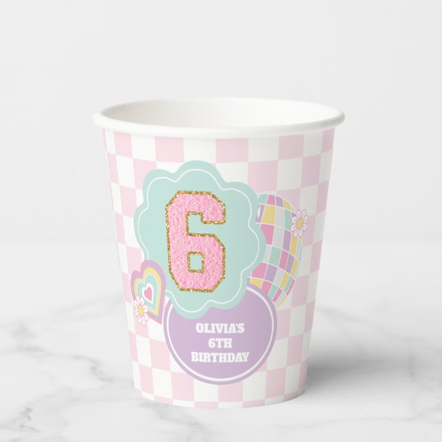 Gobelets En Papier Varsity preppy pastel patch 6e anniversaire (Recto)