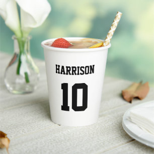Gobelets En Papier Varsity sport noir blanc nom d'anniversaire