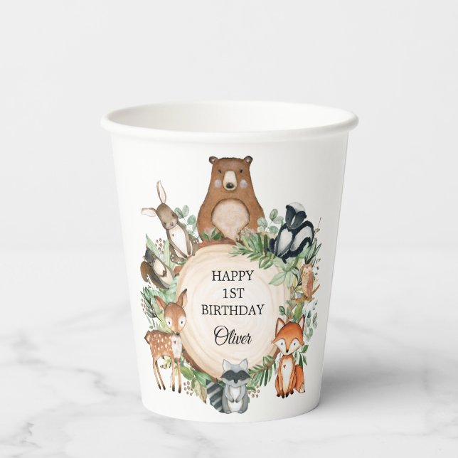 Gobelets En Papier Végétation Forêt Boisée Animaux Joyeux Anniversair (Verso)