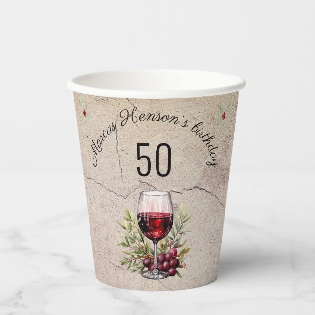 Gobelets En Papier Verre rouge Olive Aquarelle 50e anniversaire (Recto)