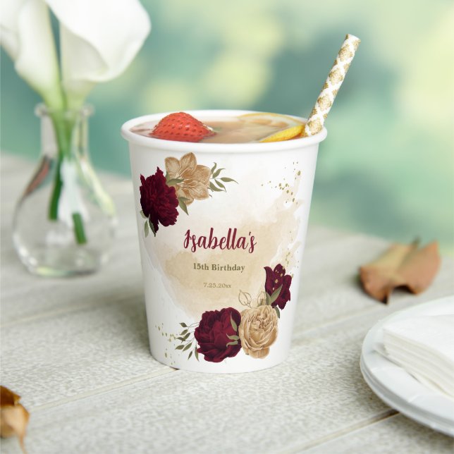 Gobelets En Papier Vert bordeaux beige or botanique  (Insitu)