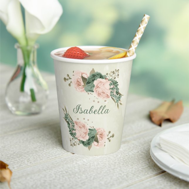 Gobelets En Papier vert sauge floral rose blush  (Insitu)