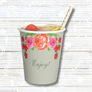Gobelets En Papier Vert sauge Rose Pêche Pivoine Brunch de Mariage