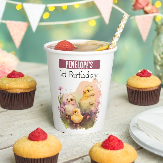 Gobelets En Papier Vibes de printemps Chicks - 1er anniversaire - (Créateur téléchargé)