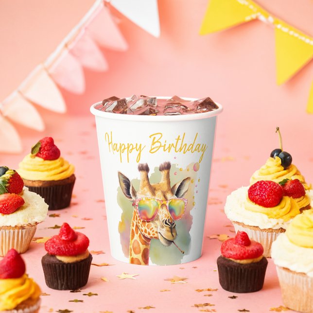 Gobelets En Papier Vibes d'été Aquarelle Giraffe - Joyeux anniversair (Créateur téléchargé)