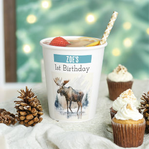 Gobelets En Papier Vibes d'hiver Moose - 1er anniversaire -