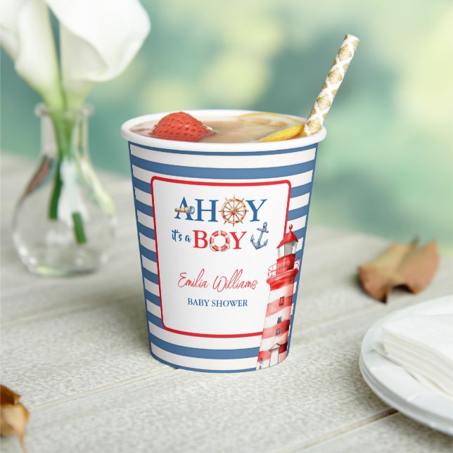 Gobelets En Papier Vibrant Blue Red Coastal Lighthouse Baby Shower (Insitu)