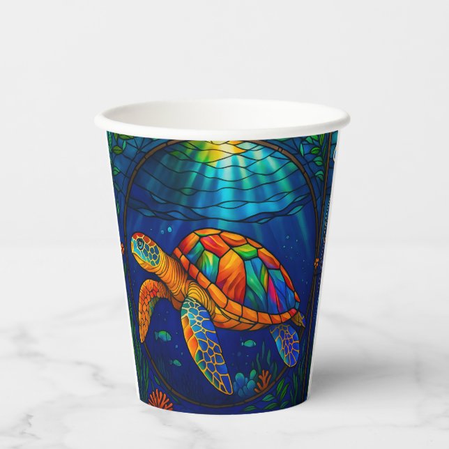 Gobelets En Papier Vibrant Stained Glass Sea Turtle Ocean Design (Recto)