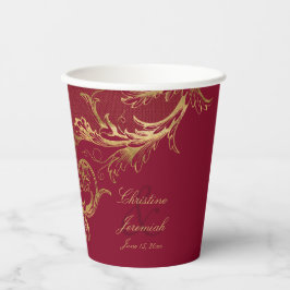 Gobelets En Papier Vintage Burgundy Gold Floral Damask Script Mariage