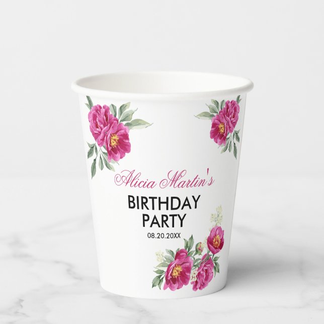 Gobelets En Papier Violet rouge Peony Flore verdure Anniversaire (Verso)