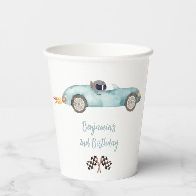 Gobelets En Papier Voiture de course bleue moderne Anniversaire (Verso)