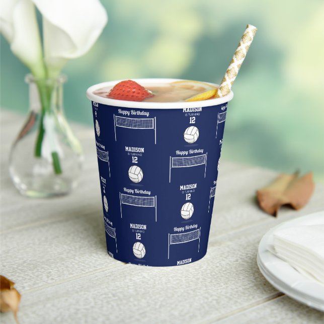 Gobelets En Papier Volleyball Ball & Net Marine Blue Anniversaire Nom (Insitu)