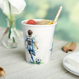 Gobelets En Papier Watercolor Soccer Birthday Party Blue and Green