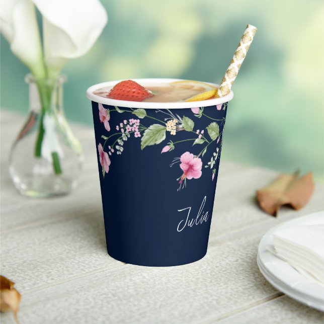 Gobelets En Papier Wedding shower en fleur d'Hibiscus rose bleu marin (Insitu)