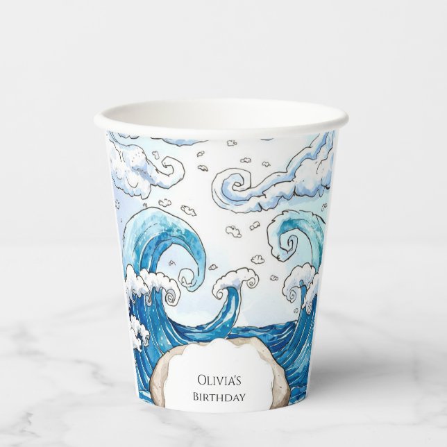 Gobelets En Papier Whimsical Blue Fun Ocean Waves Anniversaire (Recto)