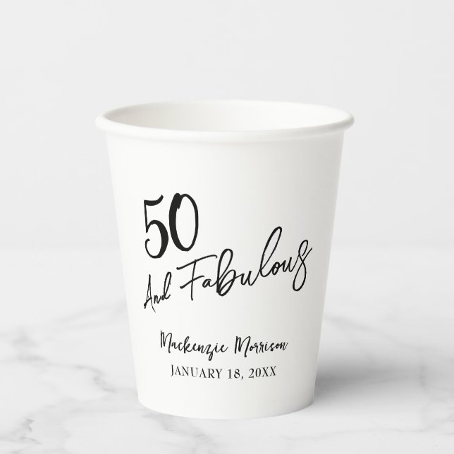 Gobelets En Papier White Fifty and Fabulous Script Birthday Party (Recto)