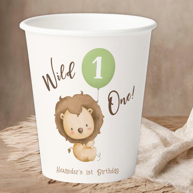 Gobelets En Papier Wild One Lion Sage Green Balloon Boy 1er anniversa (Créateur téléchargé)