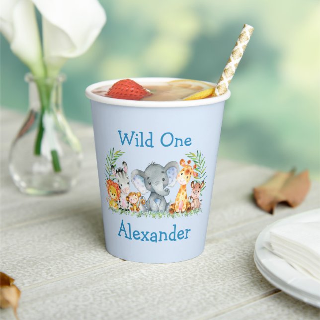 Gobelets En Papier Wild One Safari Animaux 1er Anniversaire Bleu (Insitu)