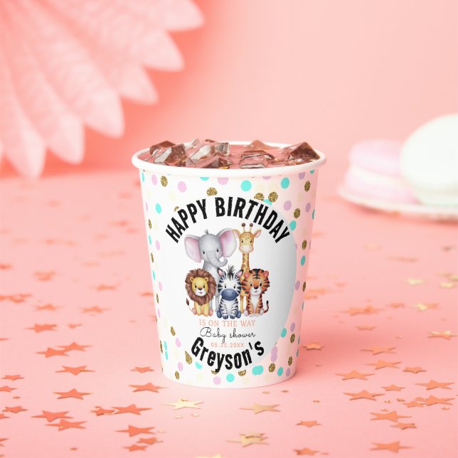 Gobelets En Papier Wild One Safari Animaux Baby shower garçon (Insitu)