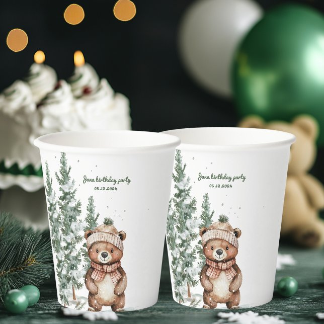 Gobelets En Papier Winter Green Bear Birthday Party Woodland  (Créateur téléchargé)